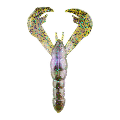 The Strike King Rage Craw 4" 7pk is a soft plastic crayfish-shaped bait with large claws and a segmented body featuring yellow, green, and purple glitter. This Strike King fishing lure is shown on a white background.