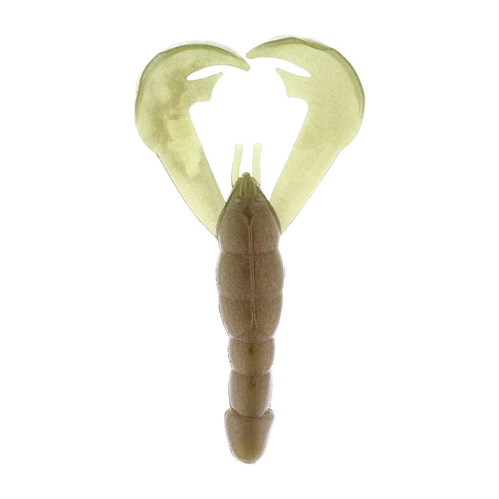 The Strike King Rage Craw 4" 7pk is a soft plastic bait shaped like a crawfish, with a segmented brown body and two large, translucent green claws.