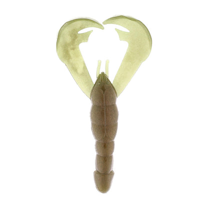 The Strike King Rage Craw 4" 7pk is a soft plastic bait shaped like a crawfish, with a segmented brown body and two large, translucent green claws.