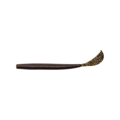 The Strike King Rage Cut R Worm 7" 6pk is a brown, ribbed soft plastic bait with a curled tail and black and gold flecks, designed in the popular Rage Tail style.