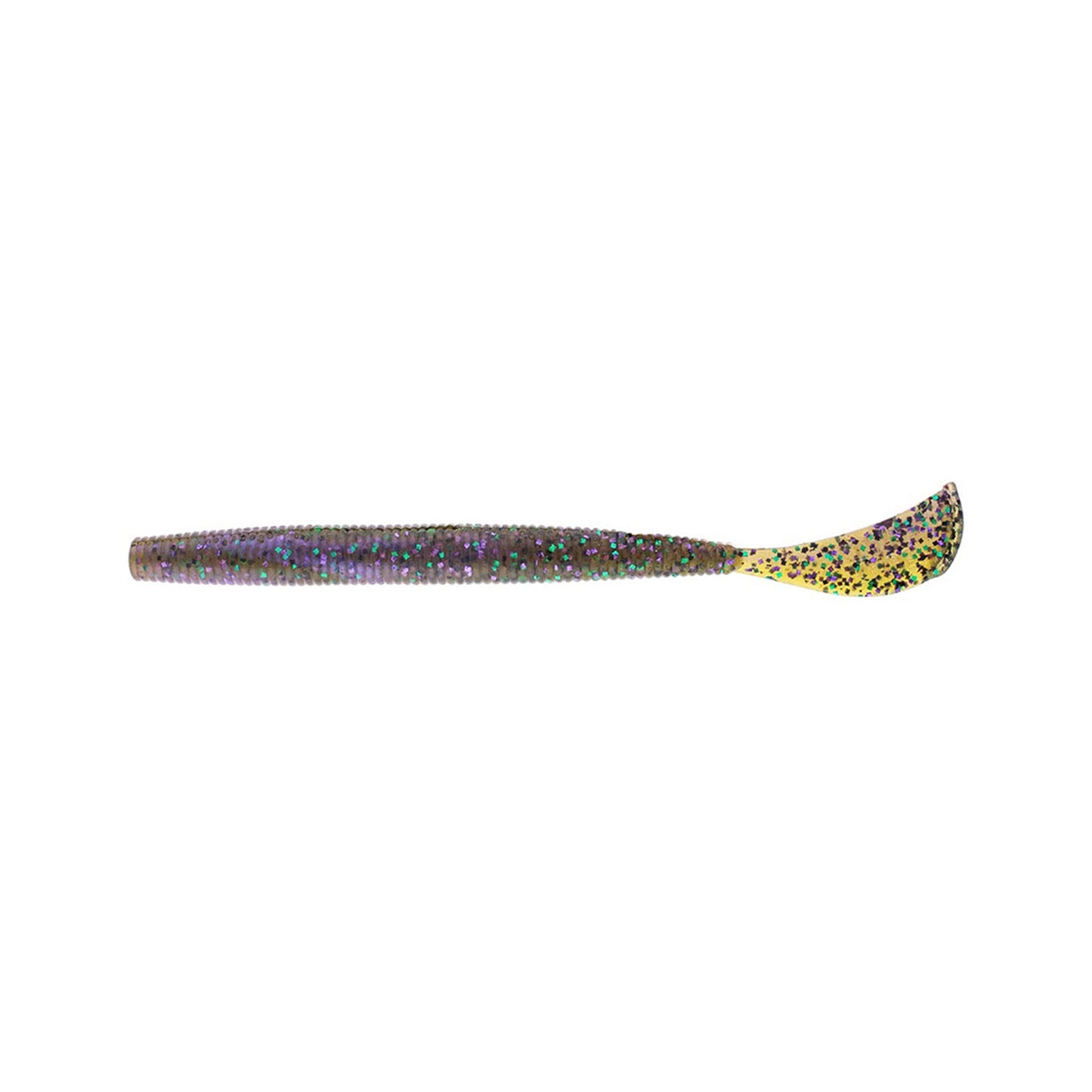 The Strike King Rage Cut R Worm 7" (6pk) is a soft plastic bait with a ribbed body and paddle tail, featuring multicolored glitter and a yellow-black speckled tail—ideal for mimicking baitfish like those in the Rage Tail series.