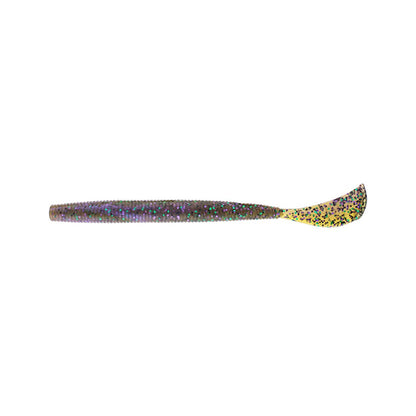 The Strike King Rage Cut R Worm 7" (6pk) is a soft plastic bait with a ribbed body and paddle tail, featuring multicolored glitter and a yellow-black speckled tail—ideal for mimicking baitfish like those in the Rage Tail series.
