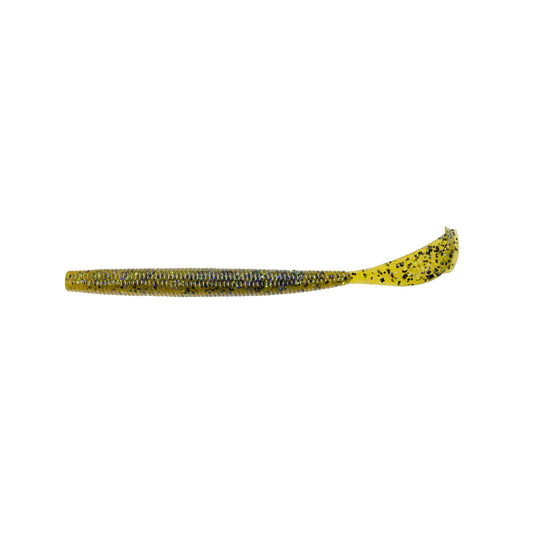 The Strike King Rage Cut R Worm 6" 7pk features a ribbed greenish-brown body with metallic flecks, plus a yellow Rage Tail tipped with black speckles for enhanced attraction.