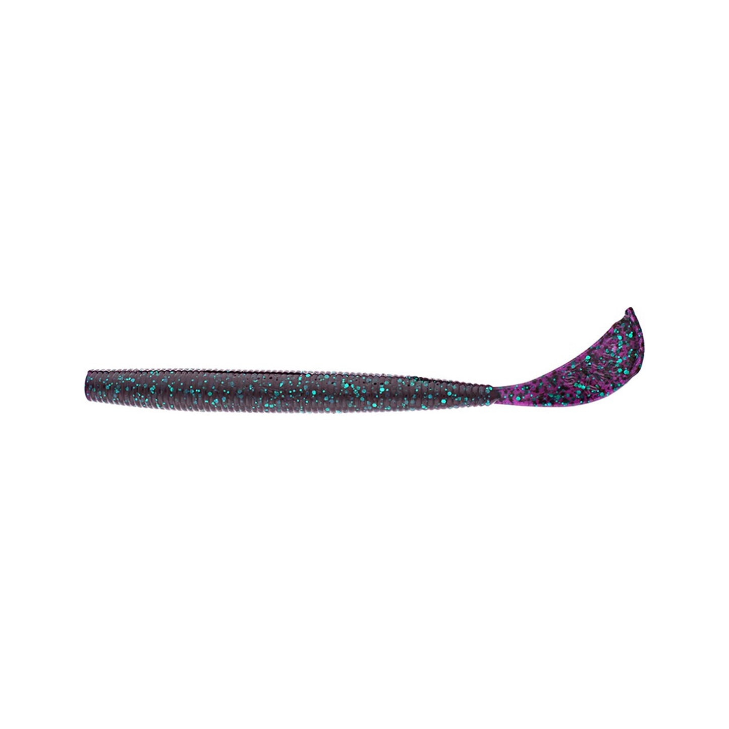 The Strike King Rage Cut R Worm 7" 6pk features a ribbed body and curved tail in dark purple and black with blue and purple glitter for enticing action.