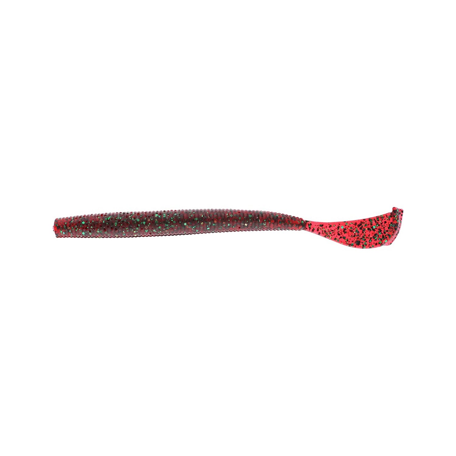 The Strike King Rage Cut R Worm 7" 6pk is a soft plastic bait with a tapered brown body speckled with green and a flat, red paddle-shaped Rage Tail featuring black spots.