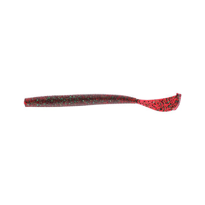 The Strike King Rage Cut R Worm 7" 6pk is a soft plastic bait with a tapered brown body speckled with green and a flat, red paddle-shaped Rage Tail featuring black spots.