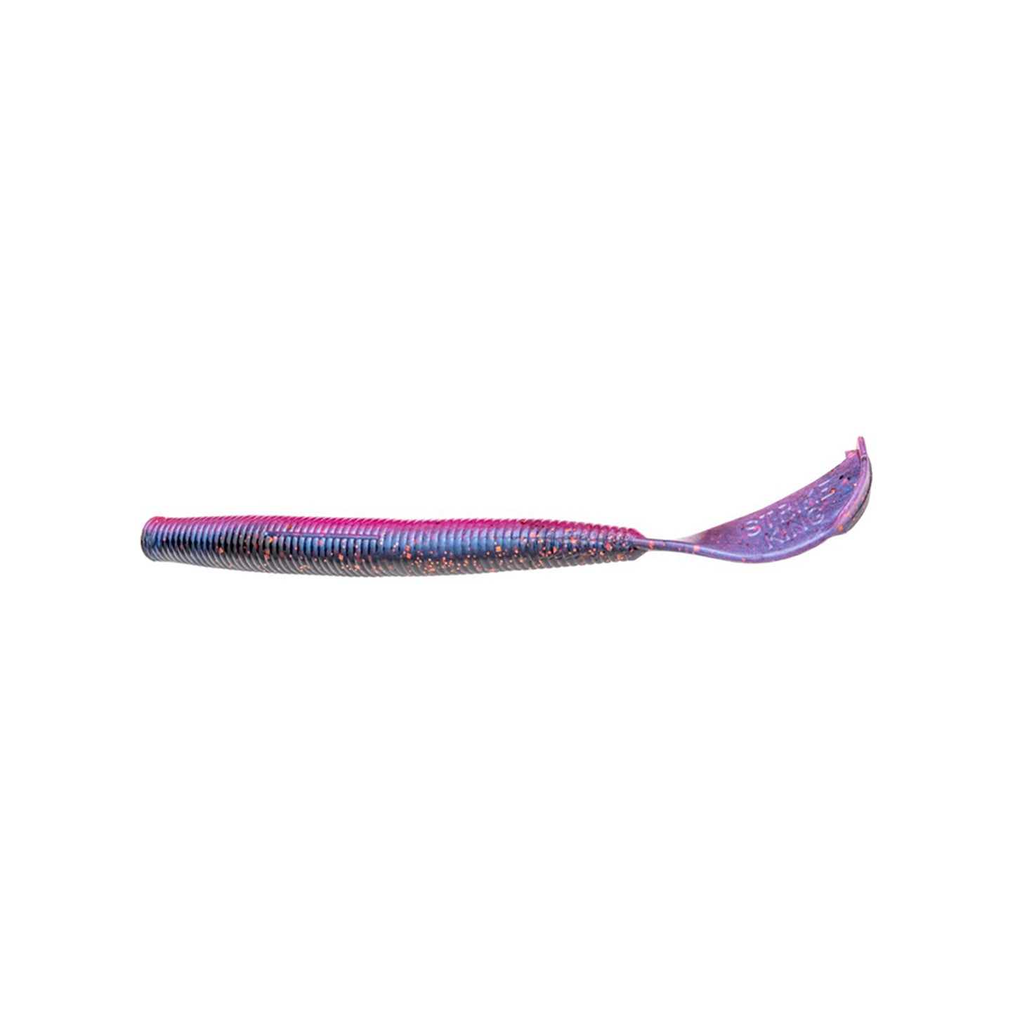 The Strike King Rage Cut R Worm 7" soft plastic bait by Strike King, featuring a ribbed, elongated body and curved paddle tail, is shown against a white background.