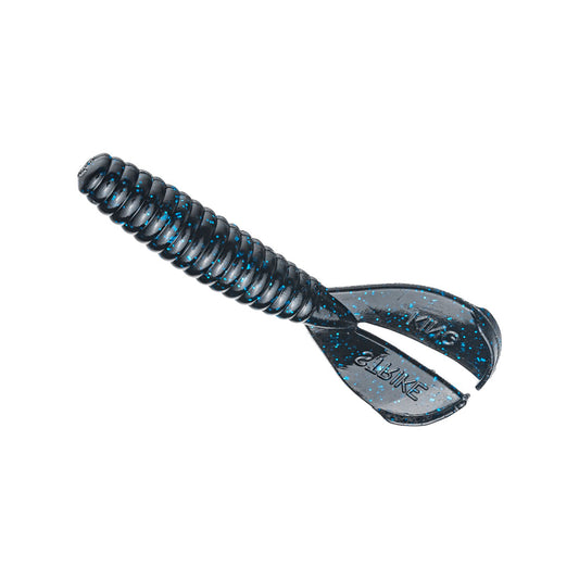 The Strike King Rage Menace Grub 4" 8pk is a soft plastic lure with a ribbed, cylindrical body, two curved tails, blue with lighter specks and text-marked tails. Middle slits add action, making it ideal for bass fishing.