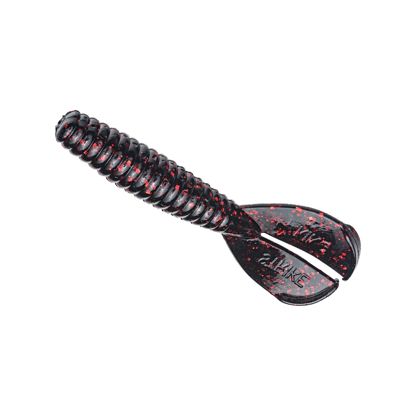 The Strike King Rage Menace Grub 4" (8pk) is a soft plastic lure with a ribbed, cylindrical body, black with red speckles, and two flat tails—perfect for bass fishing.