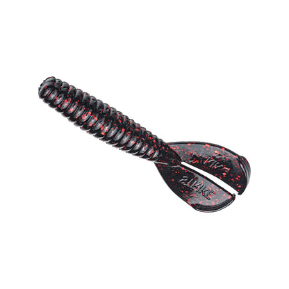 The Strike King Rage Menace Grub 4" (8pk) is a soft plastic lure with a ribbed, cylindrical body, black with red speckles, and two flat tails—perfect for bass fishing.