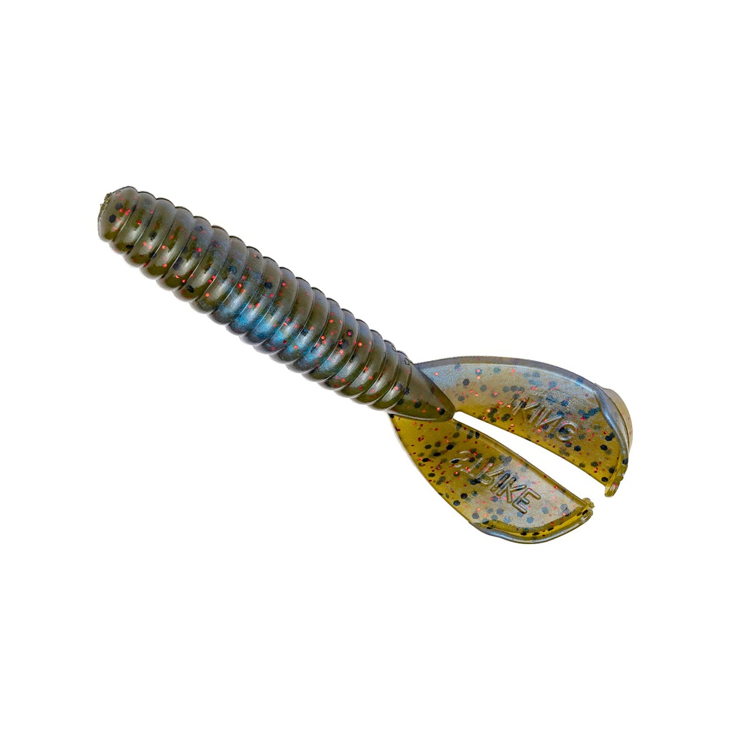 The Strike King Rage Menace Grub 4" 8pk is a soft plastic bait from Strike King, shaped like a short worm with ribbed body and twin flat tails, featuring a green base with blue and red speckles for effective bass fishing.