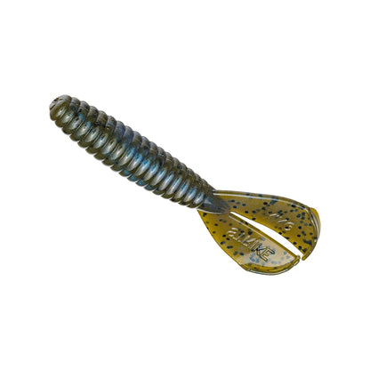 The Strike King Rage Menace Grub 4" features a ribbed, dark green body with black specks and two paddle tails, making it an ideal bass bait. Available in an 8-pack from Strike King.