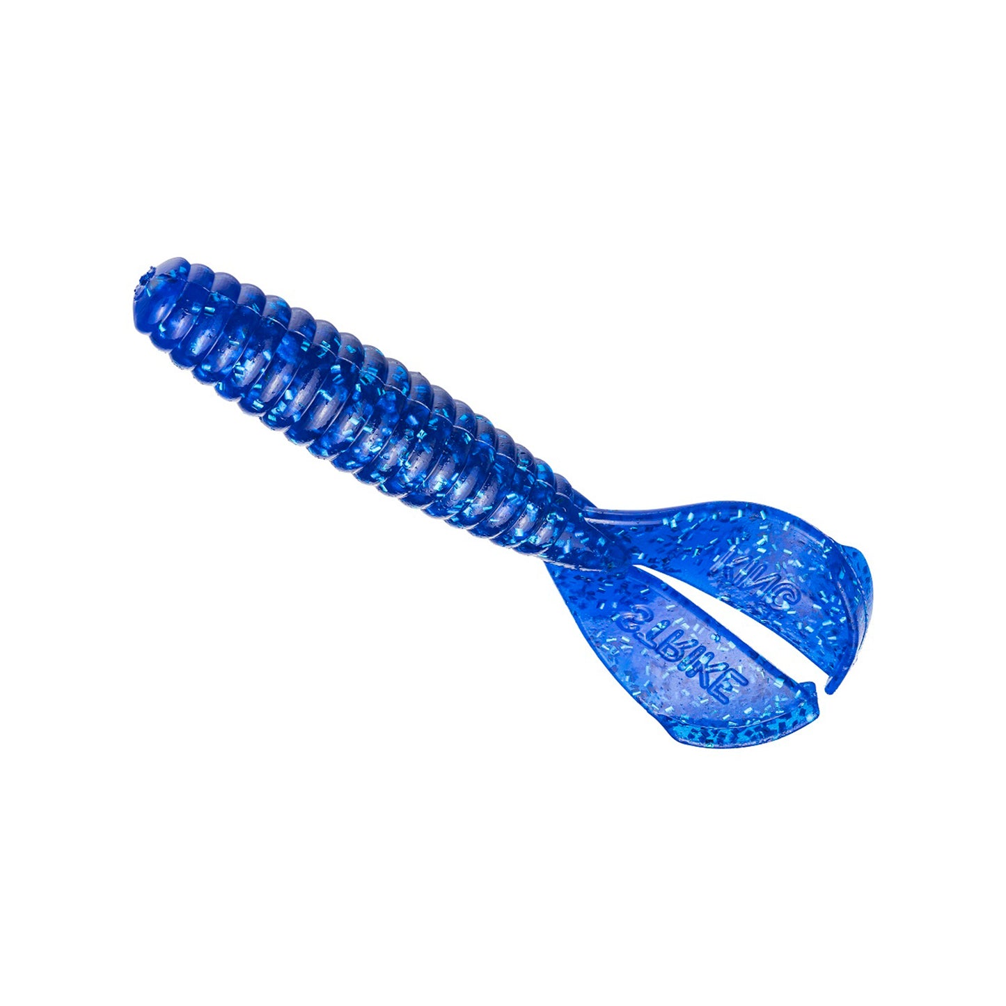 The Strike King Rage Menace Grub 4" 8pk features a blue, segmented soft plastic body with ribbing and two wide paddle tails, making it a popular bass bait from Strike King.