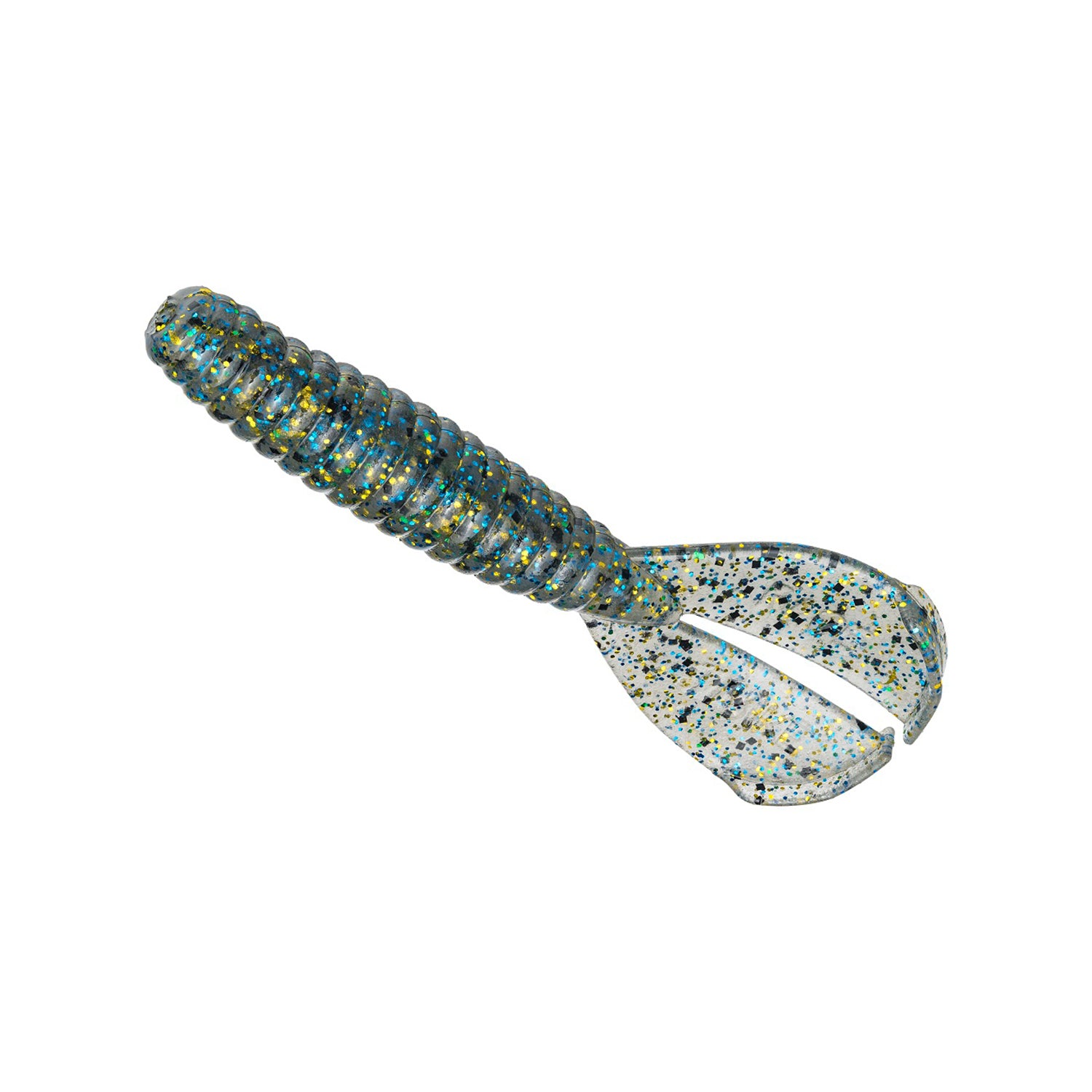 The Strike King Rage Menace Grub 4" 8pk features a ribbed body and split paddle tail. Its translucent design with blue, green, and black glitter makes this soft plastic lure an ideal bass bait.