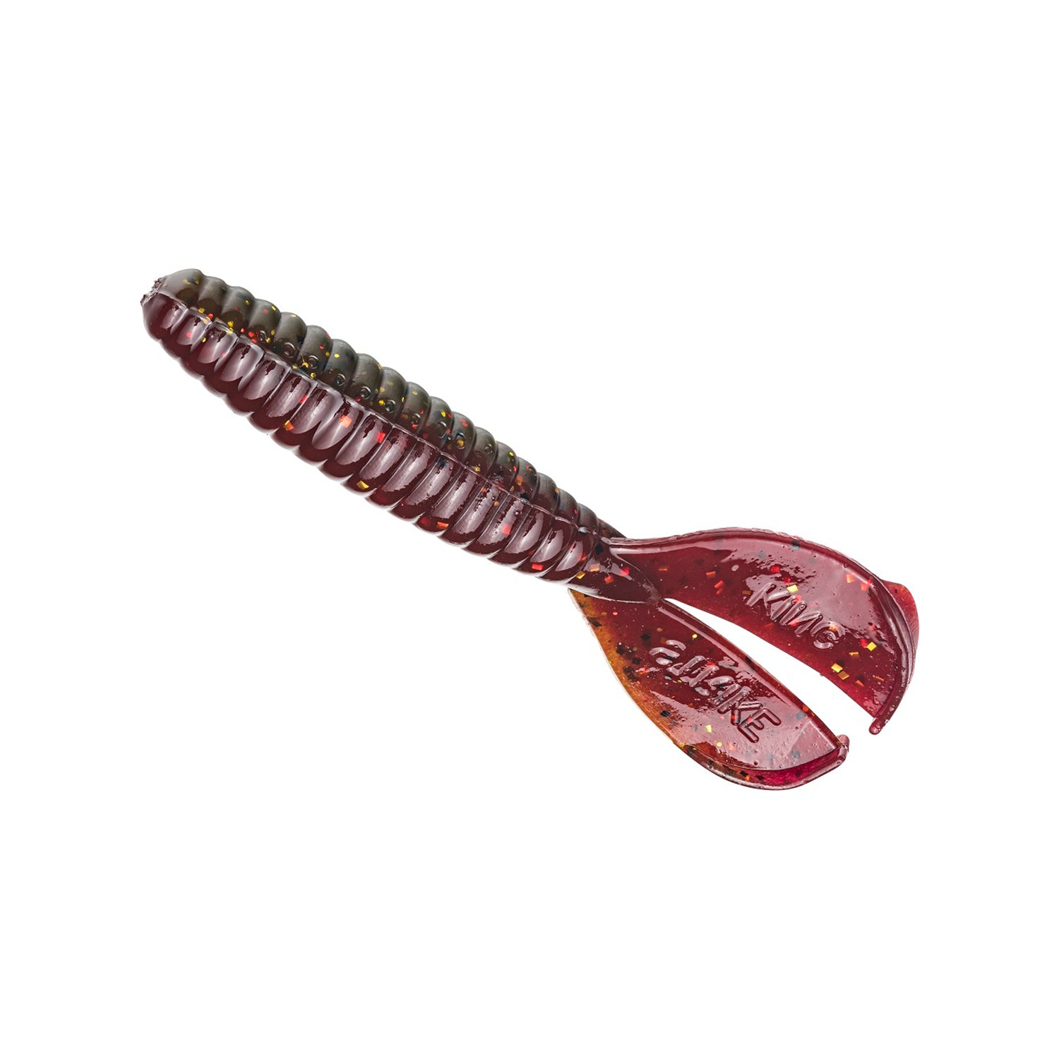 The Strike King Rage Menace Grub 4" 8pk is a soft plastic bass bait with a ribbed, segmented body and twin flat tails in dark red-brown with glitter, made by Strike King.