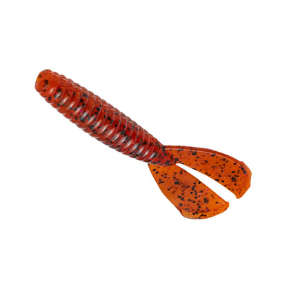 The Strike King Rage Menace Grub 4" 8pk features a soft, ribbed red-orange body with two flat orange tails speckled with black, making it a top bass bait from the Strike King brand.