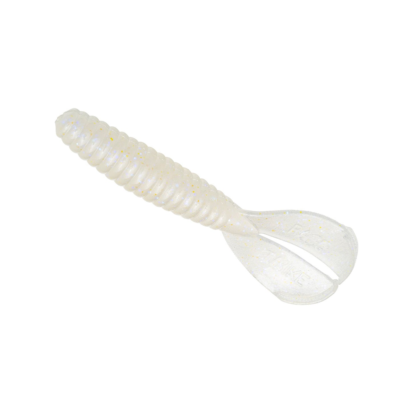 The Strike King Rage Menace Grub 4" 8pk is a soft plastic lure with a ribbed body and split tail, white with glitter. Perfect for bass fishing, this Strike King bait is shown against a plain white background.