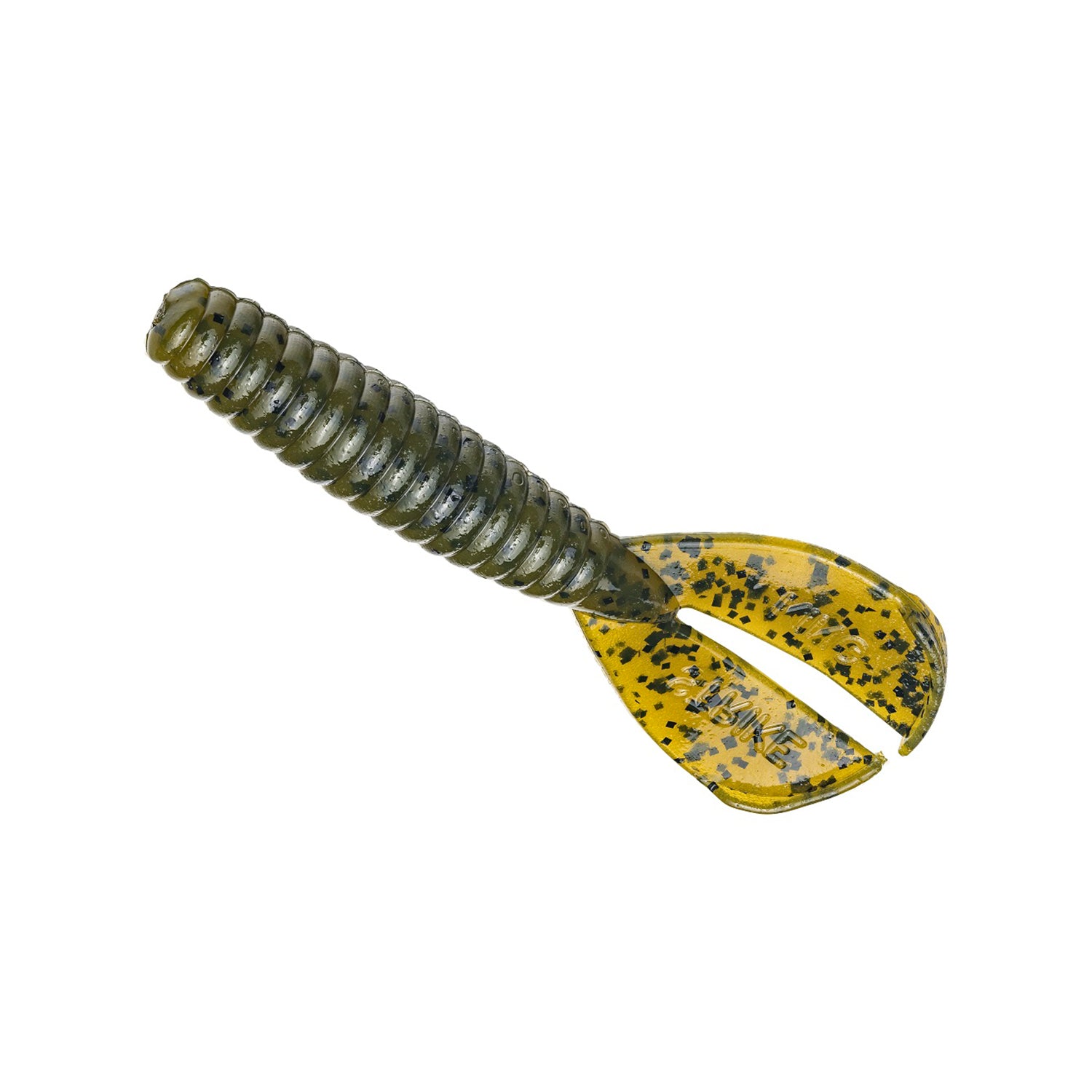 The Strike King Rage Menace Grub 4" 8pk by Strike King features a soft, ribbed dark green body and twin yellow paddle tails with black speckles—an ideal bass bait.