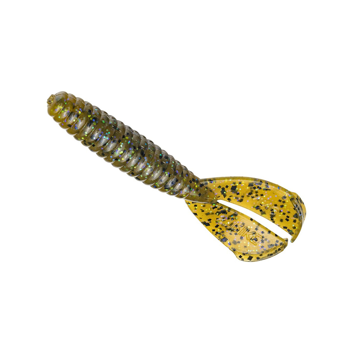 The Strike King Rage Menace Grub 4" 8pk by Strike King is a soft plastic lure with a ribbed, segmented body and split curly twin tail in yellow with black and green speckles, designed to mimic aquatic prey movement.