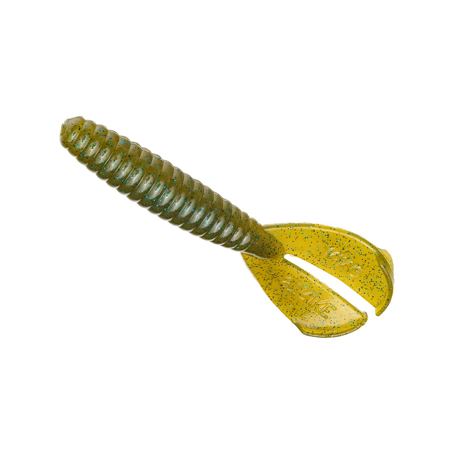 The Strike King Rage Menace Grub 4" 8pk features a green and yellow ribbed body with twin paddle tails and black speckles—a top bait from Strike King, perfect for attracting big bass.