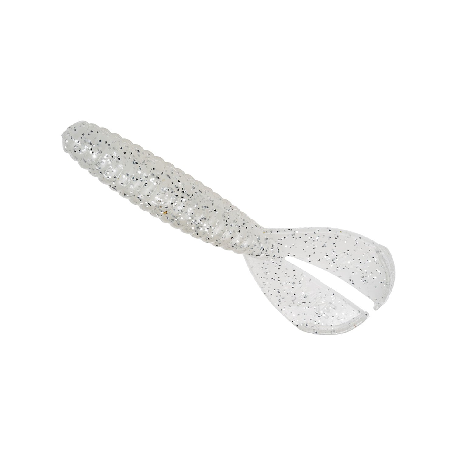 The Strike King Rage Menace Grub 4" 8pk is a clear, ribbed soft plastic bait with black speckles and a split double-tail grub design, from the trusted Strike King brand, displayed on a white background.