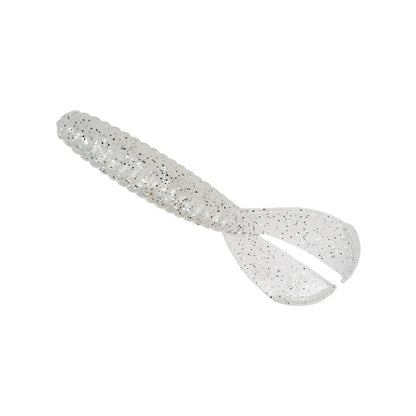 The Strike King Rage Menace Grub 4" 8pk is a clear, ribbed soft plastic bait with black speckles and a split double-tail grub design, from the trusted Strike King brand, displayed on a white background.