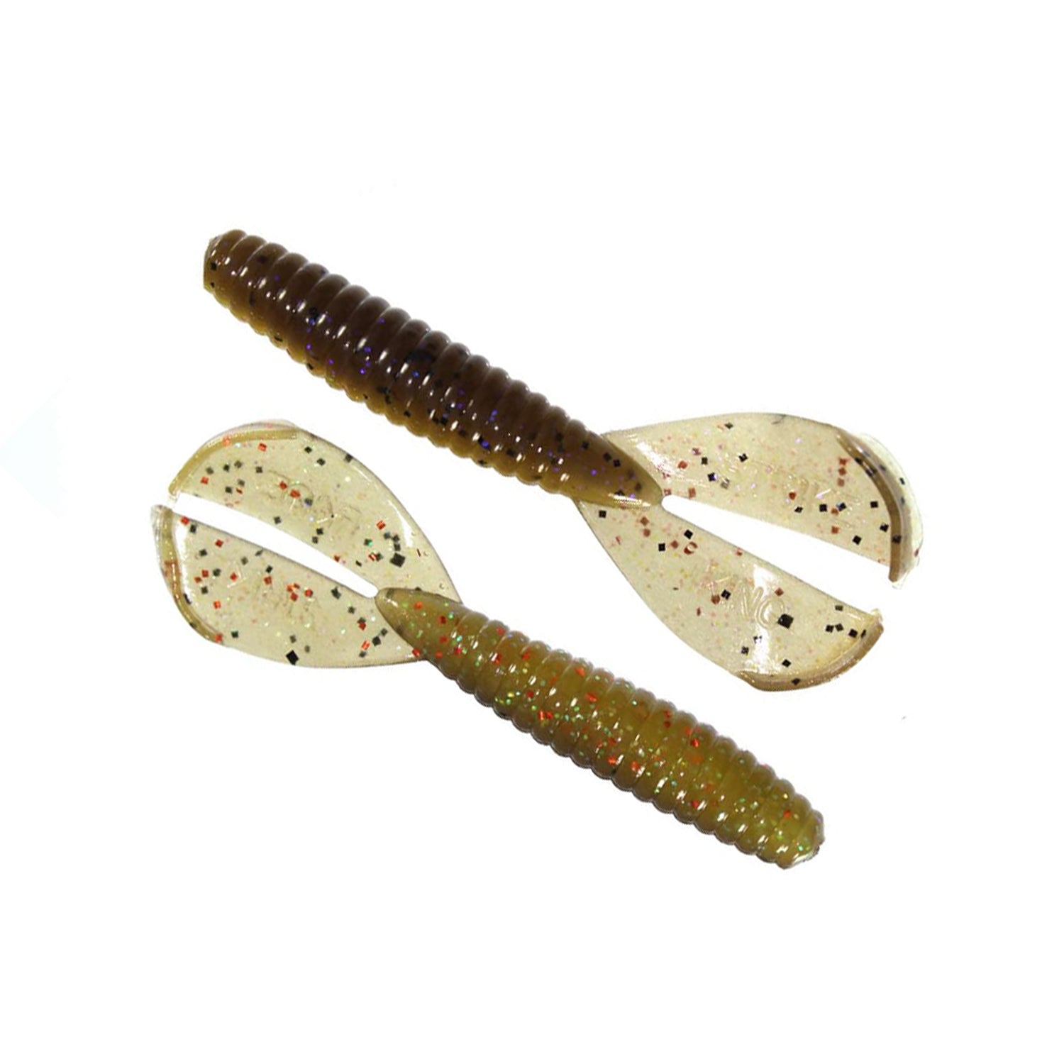 Two Strike King Rage Menace Grub 4" lures feature ribbed, dark green bodies and twin tails with black, red, and orange flakes—ideal for bass fishing. Shown in a pack of 8 by Strike King, arranged on a white background.