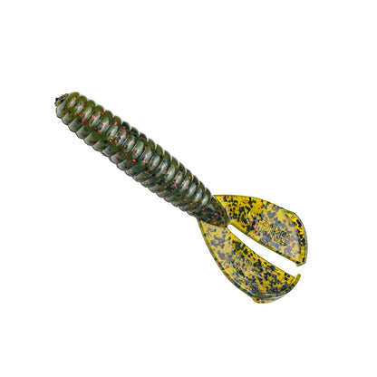 The Strike King Rage Menace Grub 4" 8pk by Strike King is a soft plastic fishing lure with a ribbed green body and twin paddle-shaped yellow tails flecked with black and red, perfect for bass fishing, shown against a white background.