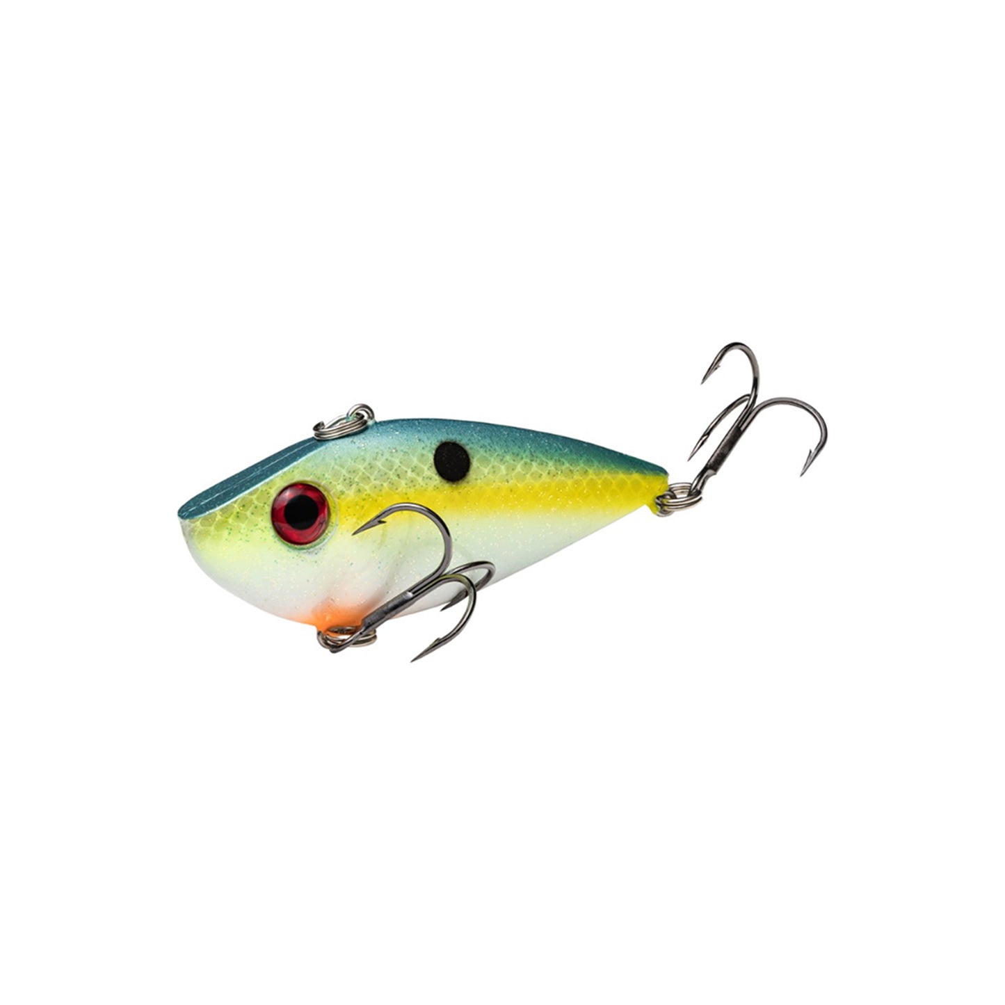 The Strike King Red Eye Shad 2.5" 1/2oz., by Strike King, is a colorful lipless crankbait featuring a blue-green top, yellow sides, red eye spot, and two treble hooks attached to its underside and tail.