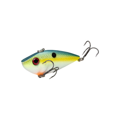 The Strike King Red Eye Shad 2.5" 1/2oz., by Strike King, is a colorful lipless crankbait featuring a blue-green top, yellow sides, red eye spot, and two treble hooks attached to its underside and tail.