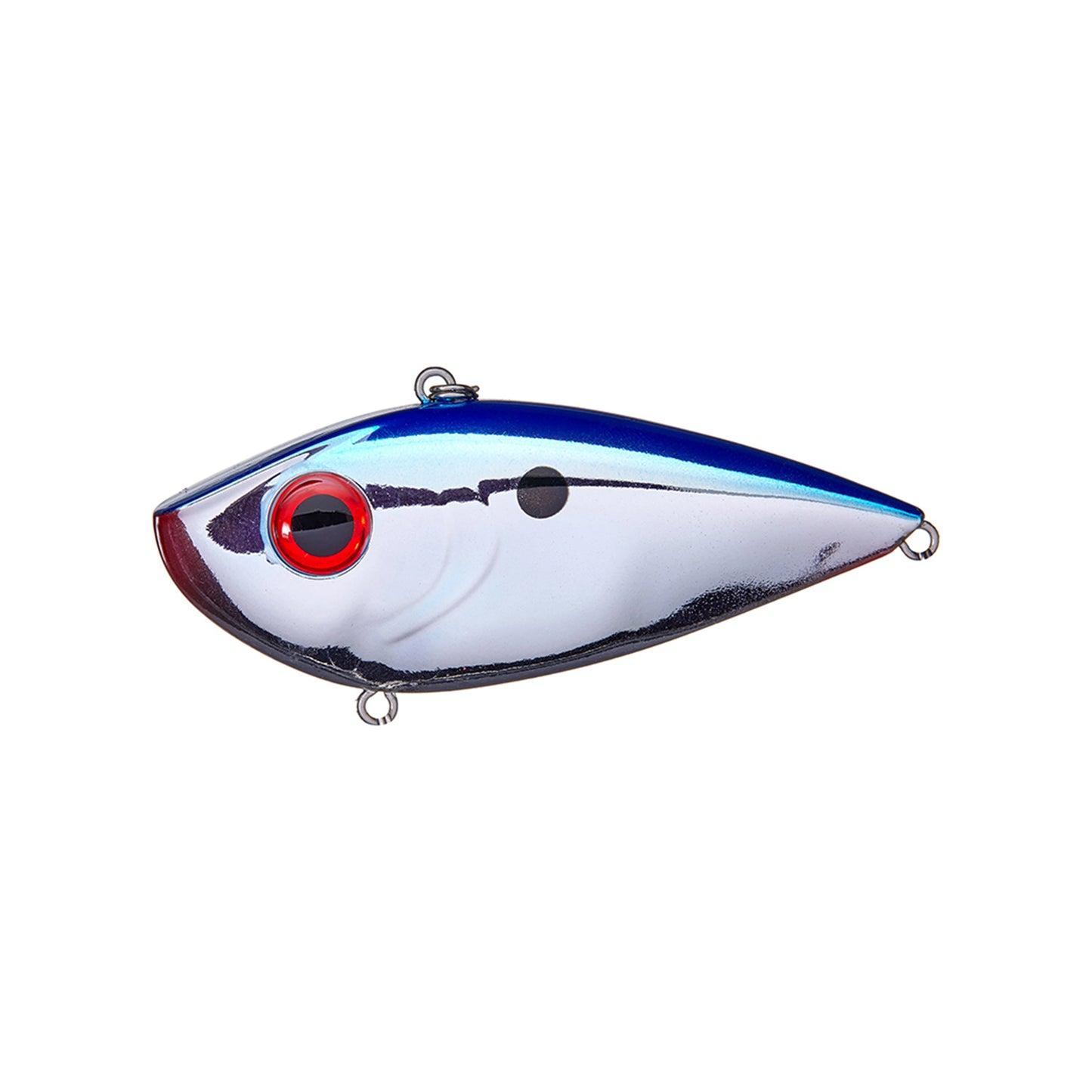 The Strike King Red Eye Shad Lipless Crankbait 1/2oz. by Strike King is shown with a metallic silver body, blue top, red eye, and black spot on a white background. It features attachment rings at the front, top, and rear.