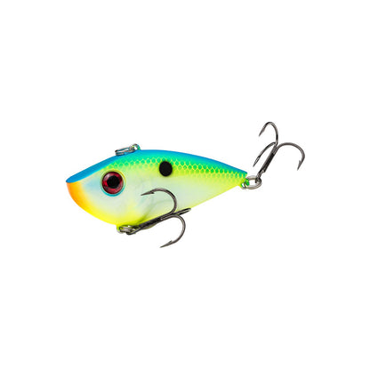 The Strike King Red Eye Shad Lipless Crankbait 1/2oz is a brightly colored, fish-shaped lure with blue, green, yellow, and white hues and two treble hooks—ideal for attracting fish.