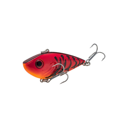 The Strike King Red Eye Shad Lipless Crankbait 1/2oz features a red and orange body with black stripes and two treble hooks, shown on a white background.