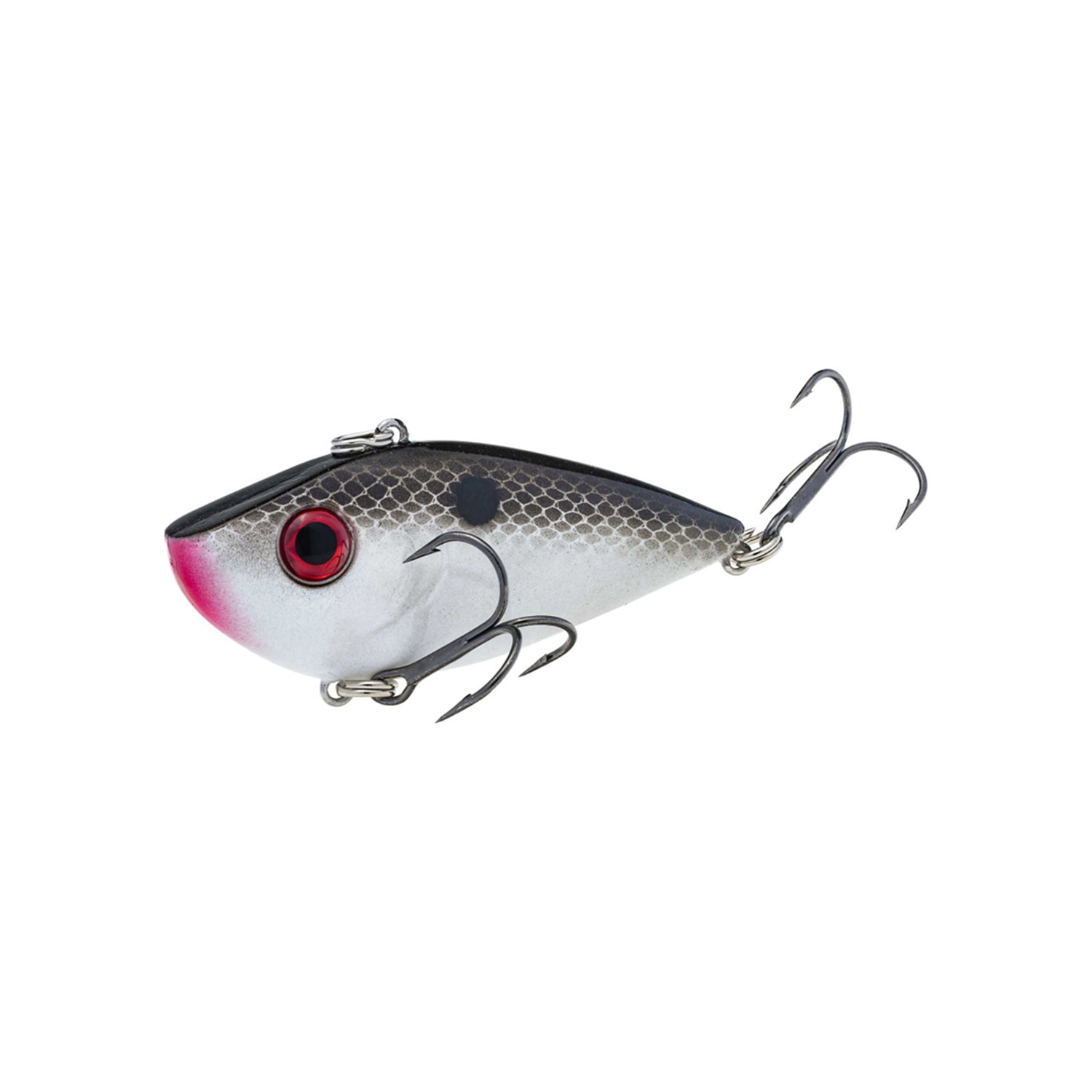 The Strike King Red Eye Shad 2.5" 1/2oz. by Strike King is a silver and black, fish-shaped fishing lure with red eyes, a pink mark near the mouth, and two treble hooks on its underside and tail.