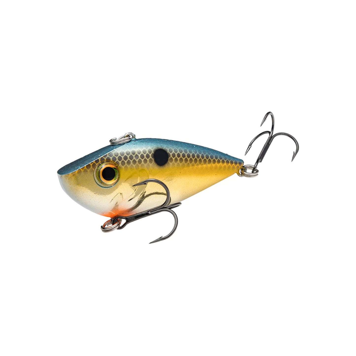 The Strike King Red Eye Shad Lipless Crankbait 1/2oz features a fish-shaped body with a blue top, yellow sides, black spot, and two treble hooks, isolated on a white background.