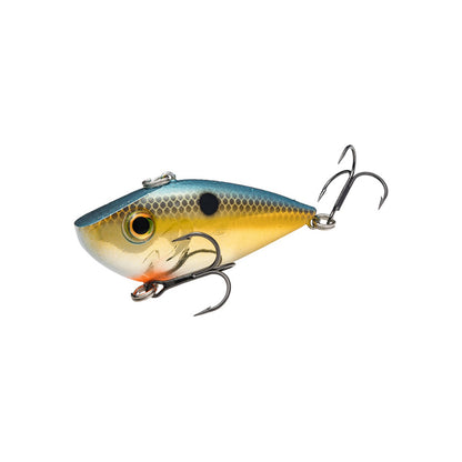 The Strike King Red Eye Shad Lipless Crankbait 1/2oz features a fish-shaped body with a blue top, yellow sides, black spot, and two treble hooks, isolated on a white background.