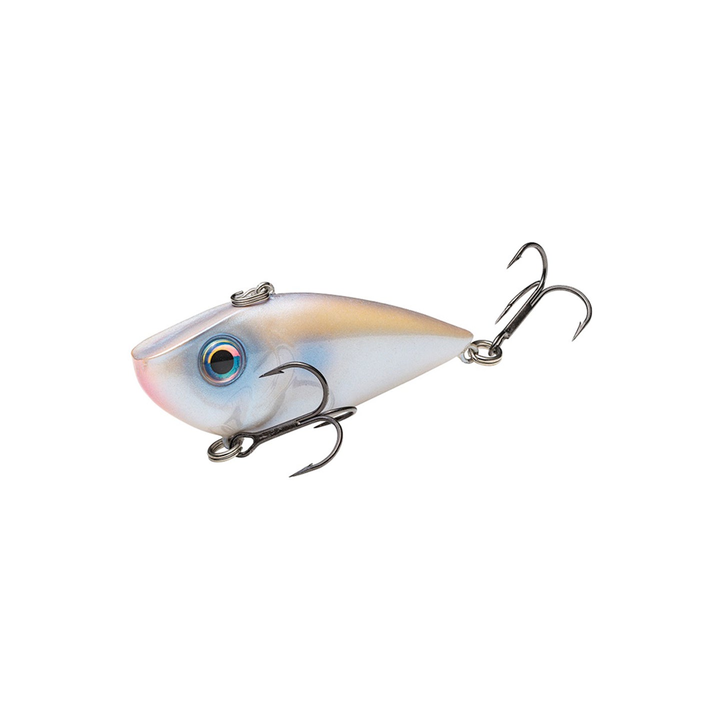The Strike King Red Eye Shad Lipless Crankbait 1/2oz is a fish-shaped lure with a white and light pink body, blue eye design, and two metal treble hooks—one underneath and one at the tail.