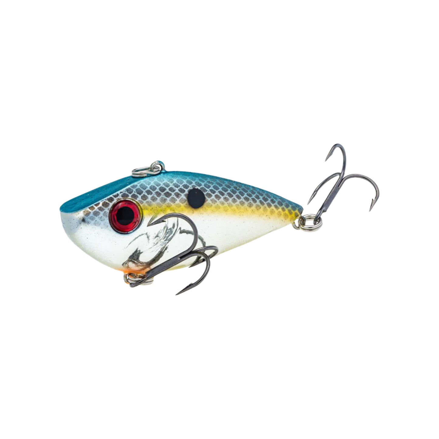 The Strike King Red Eye Shad Lipless Crankbait 1/2oz. features a blue top, silver body, yellow stripe, red eye, scale pattern, and two treble hooks, and is displayed against a white background.