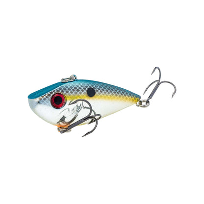 The Strike King Red Eye Shad Lipless Crankbait 1/2oz. features a blue top, silver body, yellow stripe, red eye, scale pattern, and two treble hooks, and is displayed against a white background.