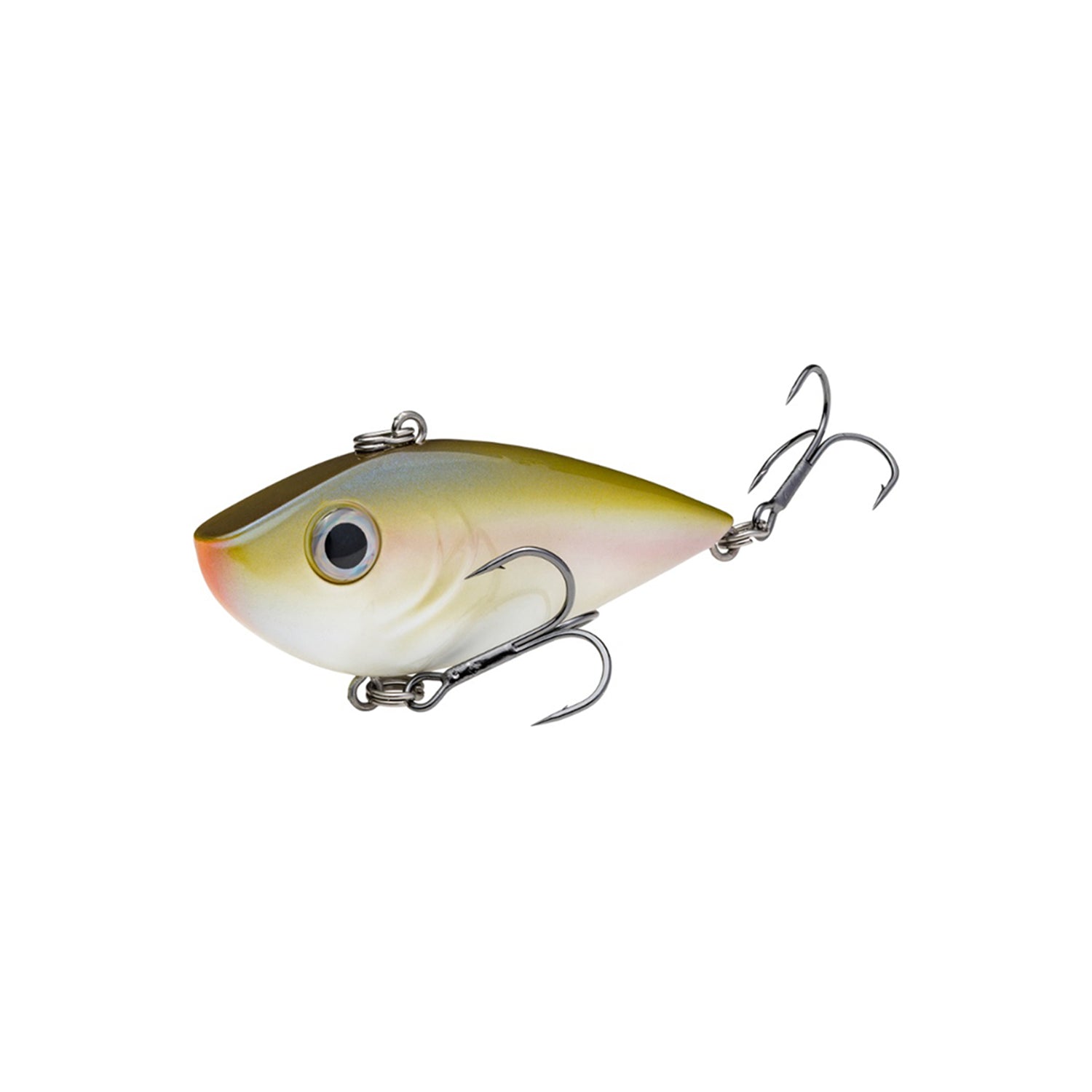 The Strike King Red Eye Shad 2.5" 1/2oz. is a lifelike, fish-shaped lipless crankbait with two treble hooks, a large eye, and a metallic green, white, and yellow body—ideal for bass fishing.