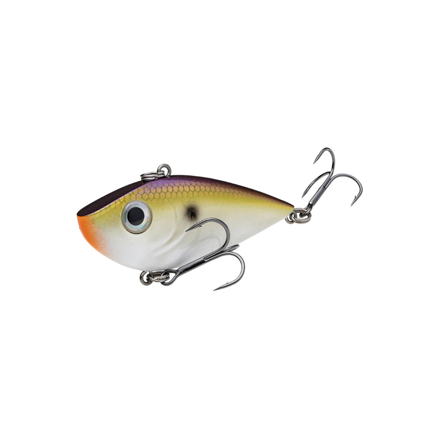 The Strike King Red Eye Shad 2.5" 1/2oz lipless crankbait features a white belly, yellow sides, purple top, big eye, and two treble hooks—perfect for mimicking small fish and attracting bites.
