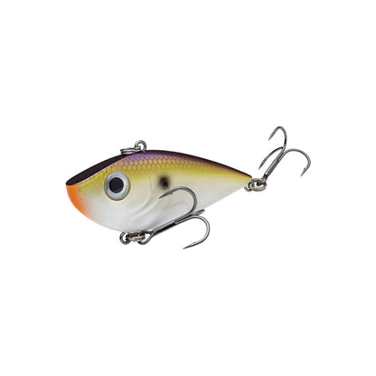 The Strike King Red Eye Shad 2.5" 1/2oz lipless crankbait features a white belly, yellow sides, purple top, big eye, and two treble hooks—perfect for mimicking small fish and attracting bites.