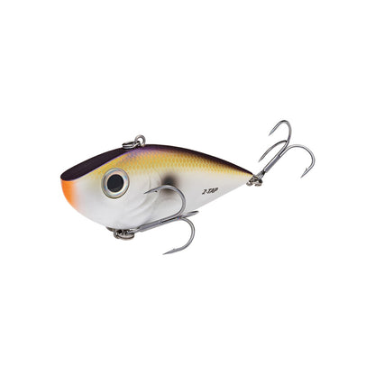 The Strike King Red Eye Shad Tungsten 2 Tap Lipless Crankbait 3/4oz features a silver body, dark top, yellow sides, orange near the mouth, two large treble hooks, and a painted eye for lifelike appeal.