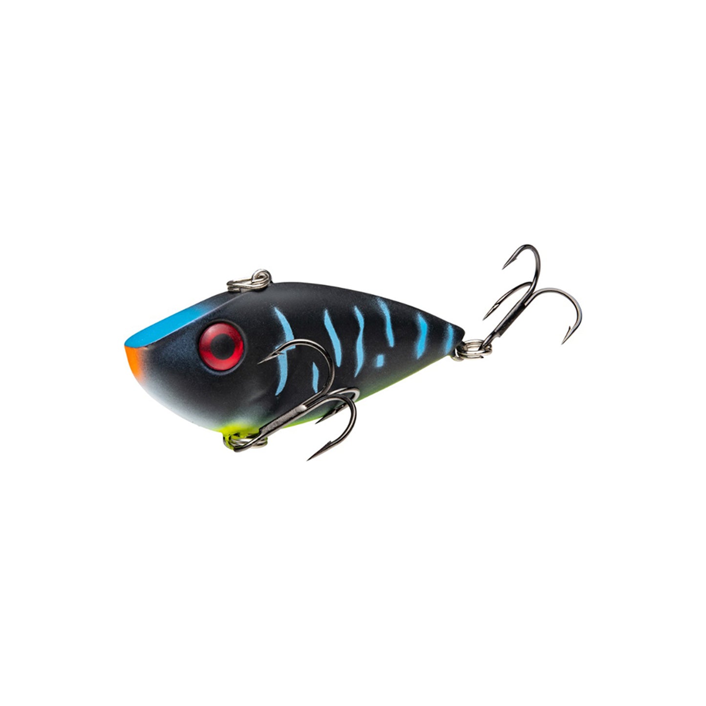 The Strike King Red Eye Shad Lipless Crankbait 1/2oz. features a black body, blue stripes, orange and blue head accents, red and black eyes, and two treble hooks attached to its underside and tail.