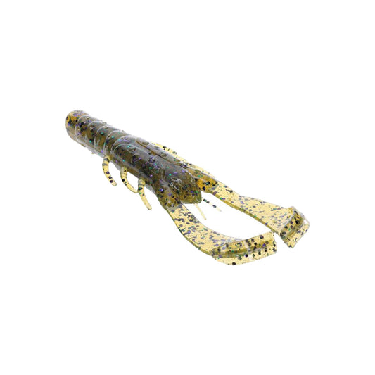 The Strike King Rage Scounbug 3.5" 9pk is a soft plastic crawfish lure in translucent yellow with black and green speckles, featuring Rage Tail pincers, large claws, and multiple legs, shown on a white background.