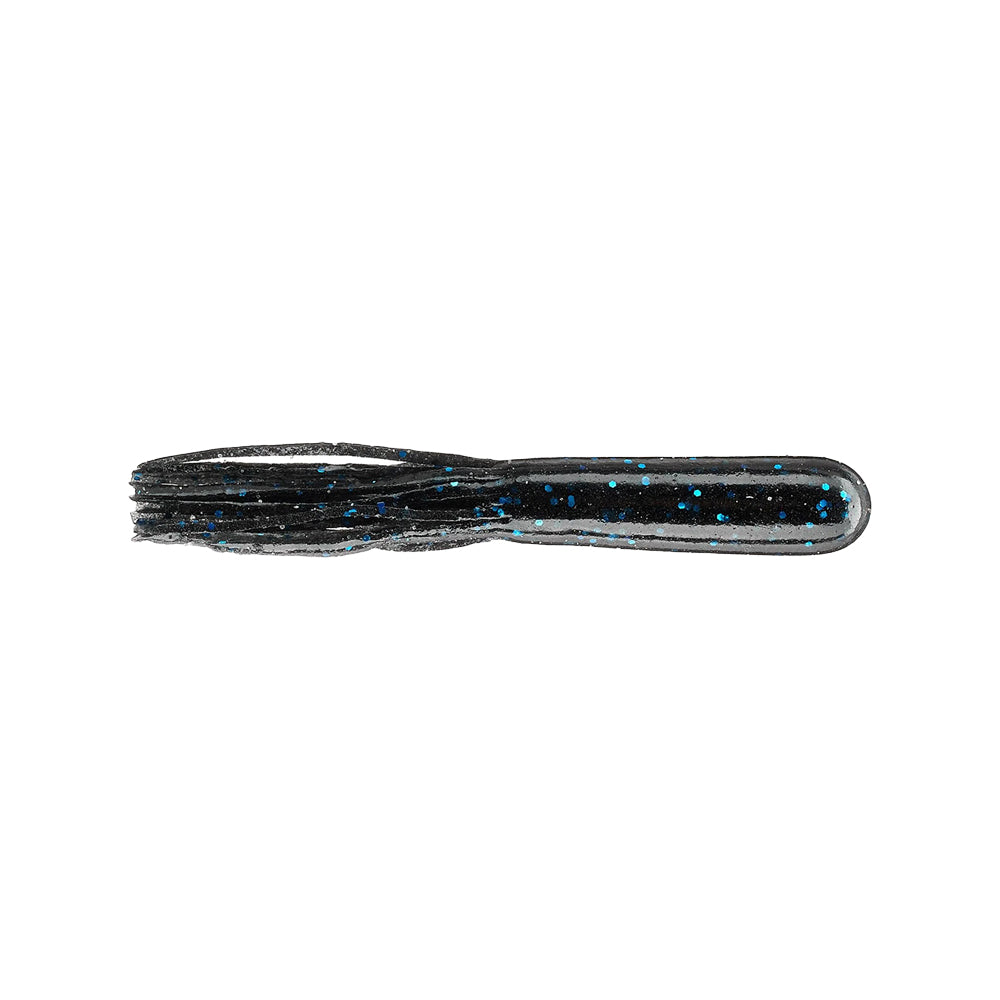 The Secret Lures Stupid Tube 4" by Secret Lures is a soft plastic fishing lure with a solid body and fringed end, featuring a short, thick 4-inch tube shape in black with blue and silver glitter flecks. Comes in an 8-pack.