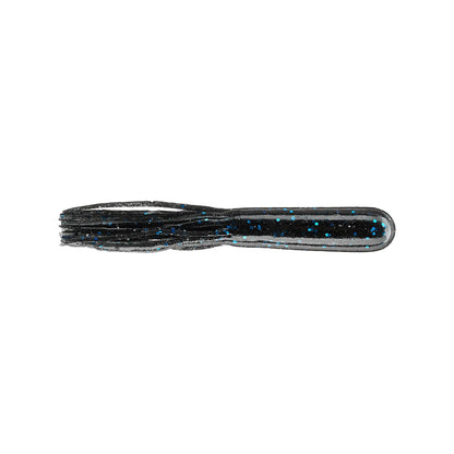 The Secret Lures Stupid Tube 4" by Secret Lures is a soft plastic fishing lure with a solid body and fringed end, featuring a short, thick 4-inch tube shape in black with blue and silver glitter flecks. Comes in an 8-pack.