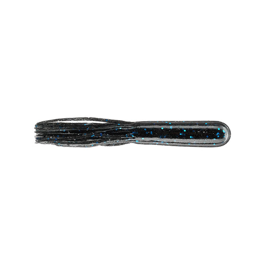 The Secret Lures Stupid Tube 4" by Secret Lures is a soft plastic fishing lure with a solid body and fringed end, featuring a short, thick 4-inch tube shape in black with blue and silver glitter flecks. Comes in an 8-pack.