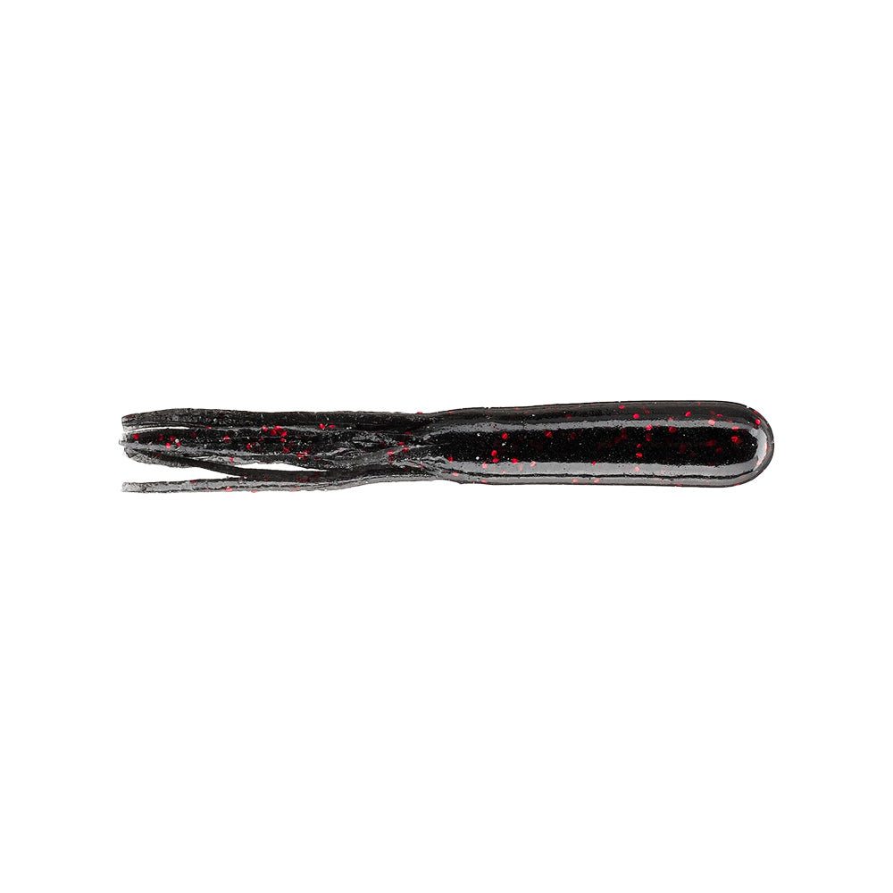 The Secret Lures Stupid Tube 4" 8pk features soft plastic tubes in black with red glitter flecks and a shiny, translucent finish. Each lure is shaped like a 4-inch tube with split ends, displayed against a white background. Brand: Secret Lures.