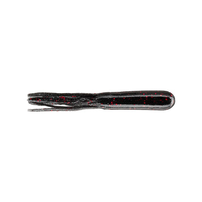 The Secret Lures Stupid Tube 4" 8pk features soft plastic tubes in black with red glitter flecks and a shiny, translucent finish. Each lure is shaped like a 4-inch tube with split ends, displayed against a white background. Brand: Secret Lures.